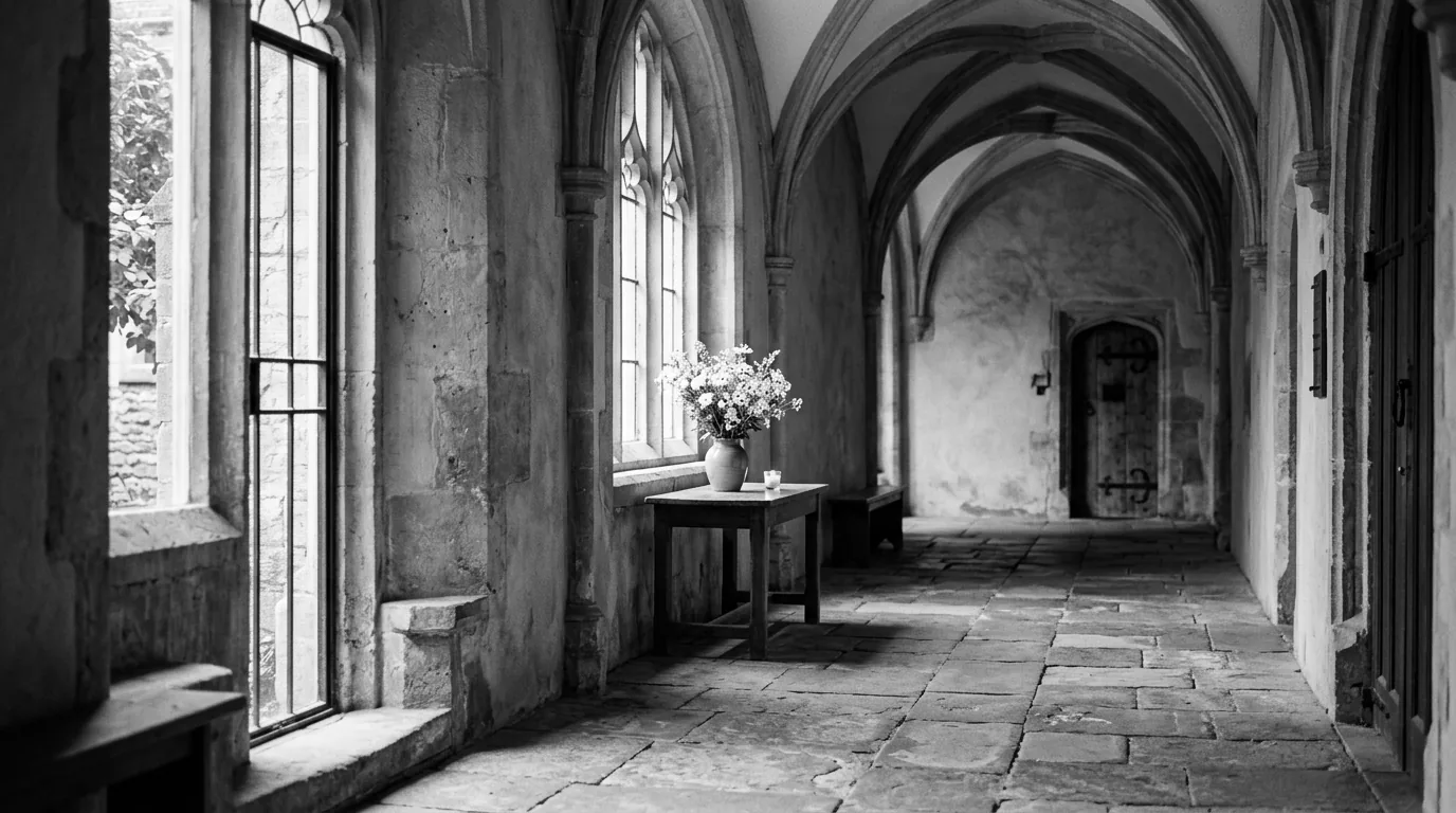 Pasillo de una capilla en silencio con luz natural